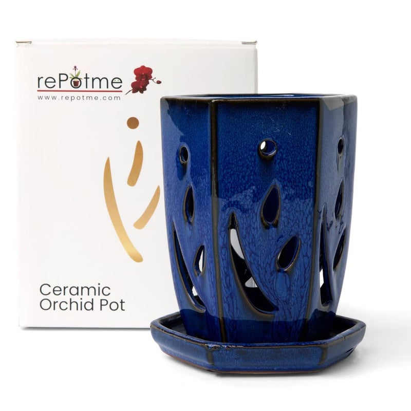 rePotme 4 x 6 inch Hexagon Ceramic Orchid Pot with Holes (Midnight Blue) - Ideal Plant Pot for Repotting Orchids and Other Flowers - Indoor/Outdoor - Image 1